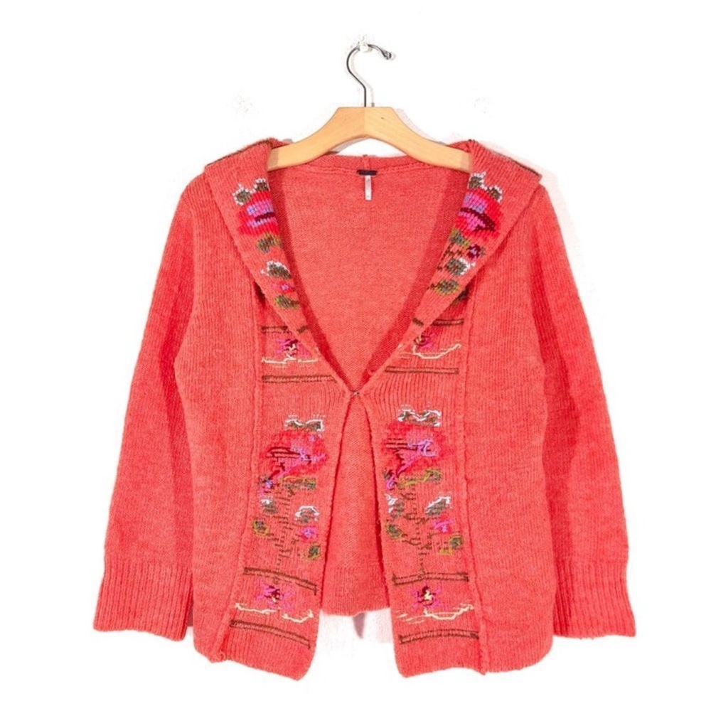 FREE PEOPLE Smooth Wool Embroidered Hoodie Cardigan in Coral/Orange Womens Large